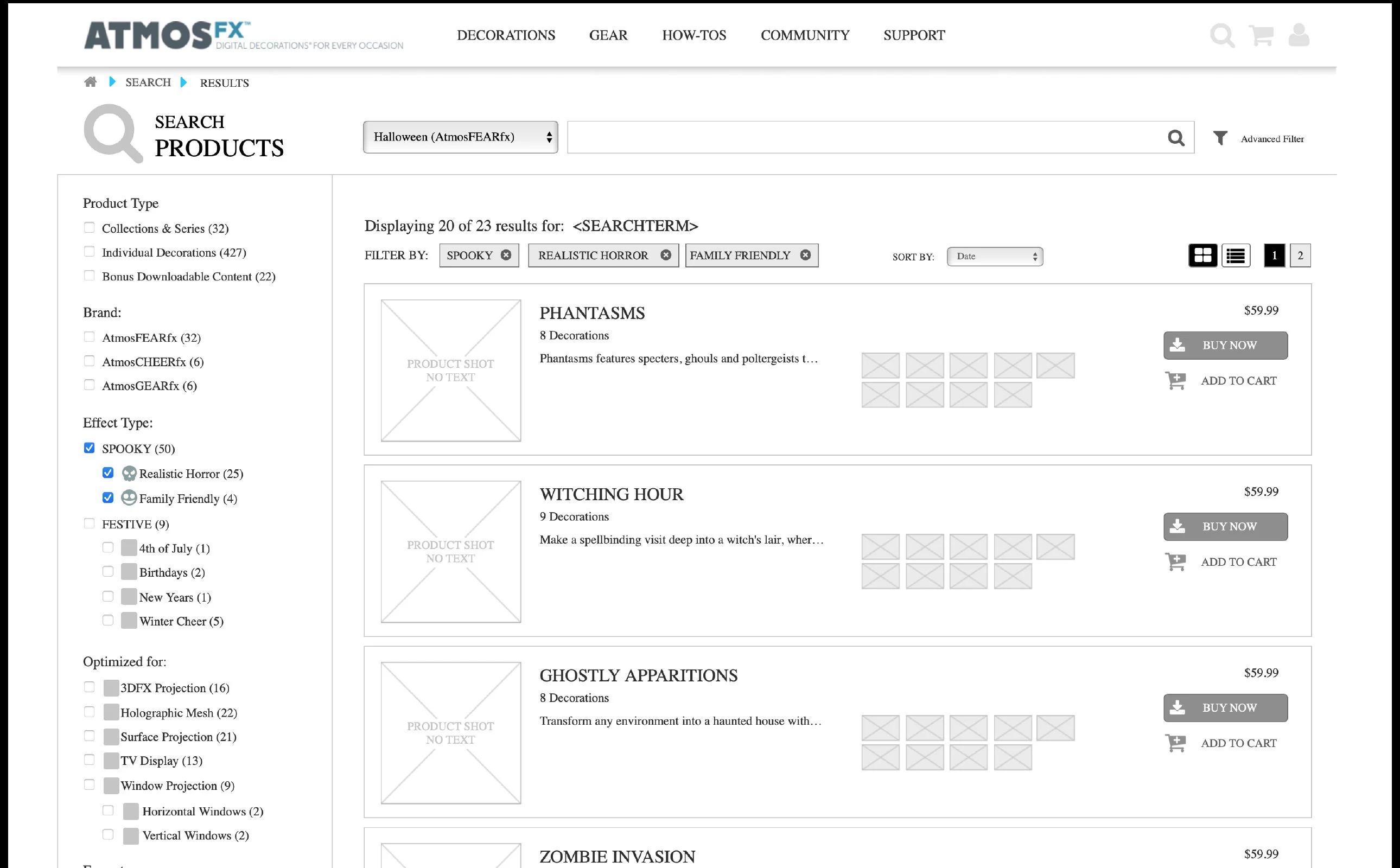 AtmosFX exploratory product-search wireframe with collection, individual-decoration, and display-type filters. 37