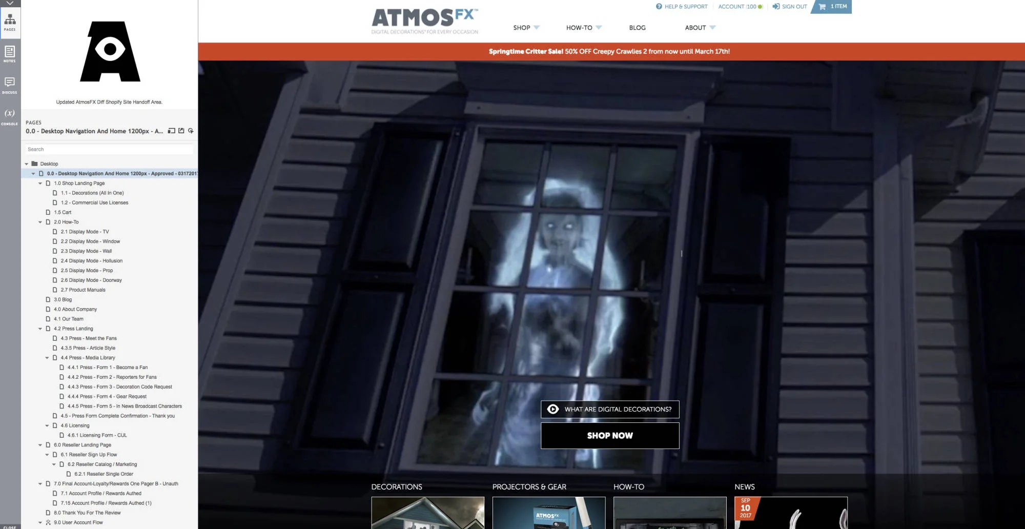 AtmosFX Axure prototype workspace showing a page tree and storefront home concept.