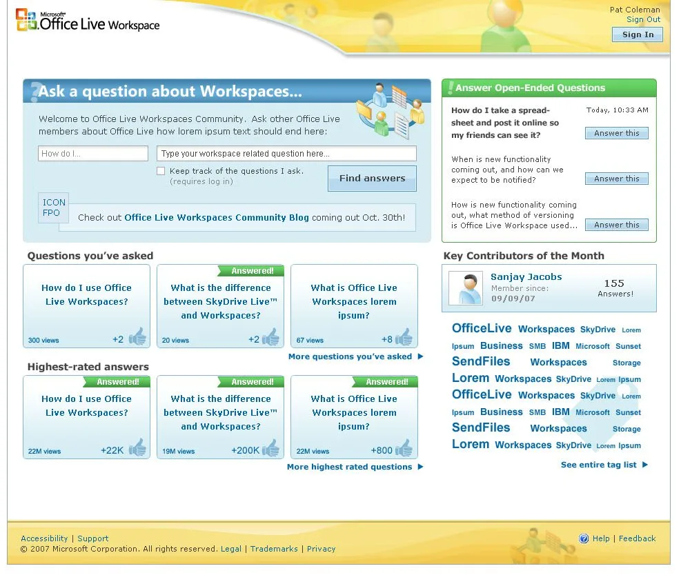 Office Live Workspace Community question and answer experience.