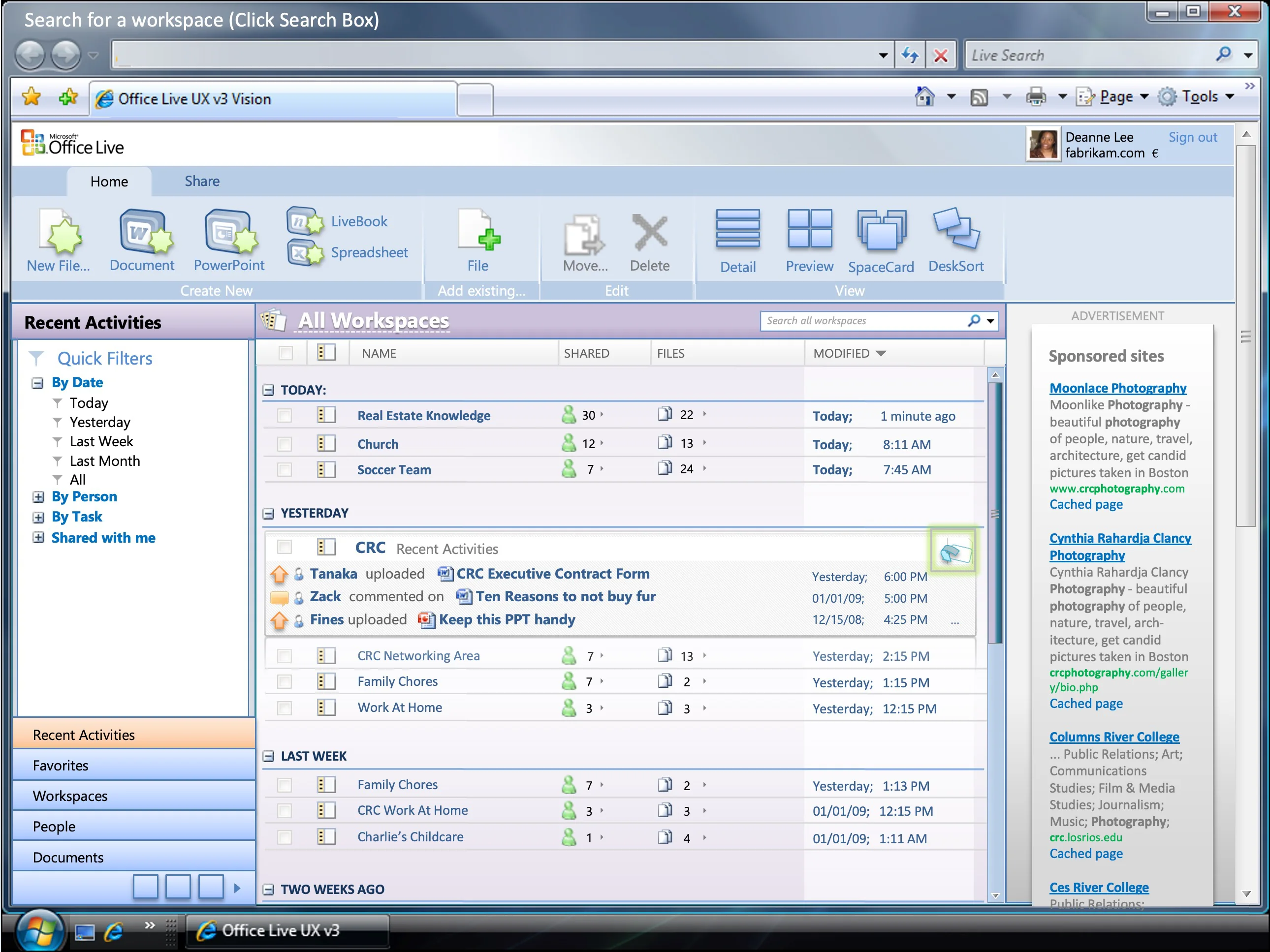 Office Live Workspace concept showing shared workspaces, recent activities, document lists, and people coordination.