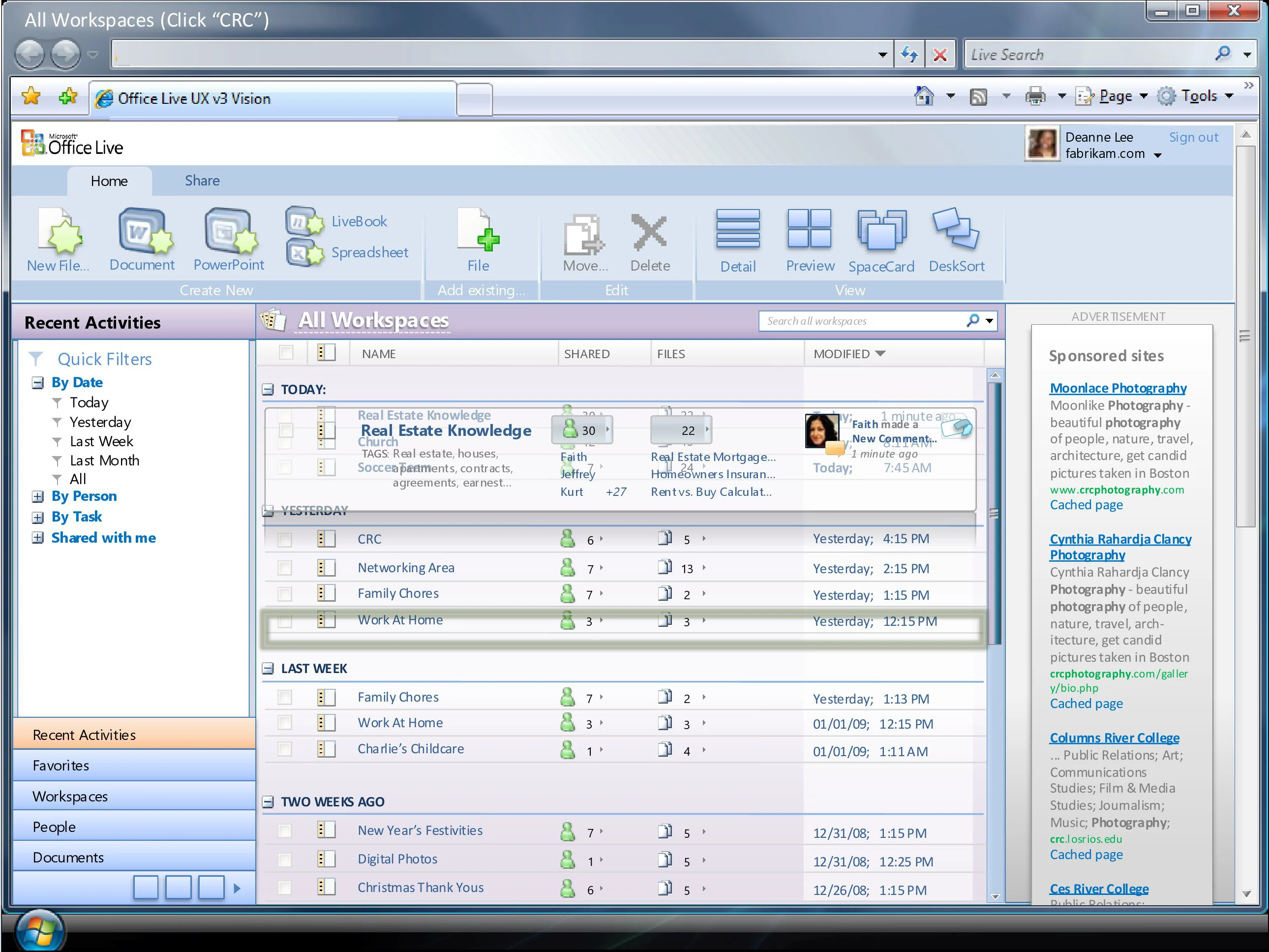 Office Live Workspace dashboard showing project information in a central pane.