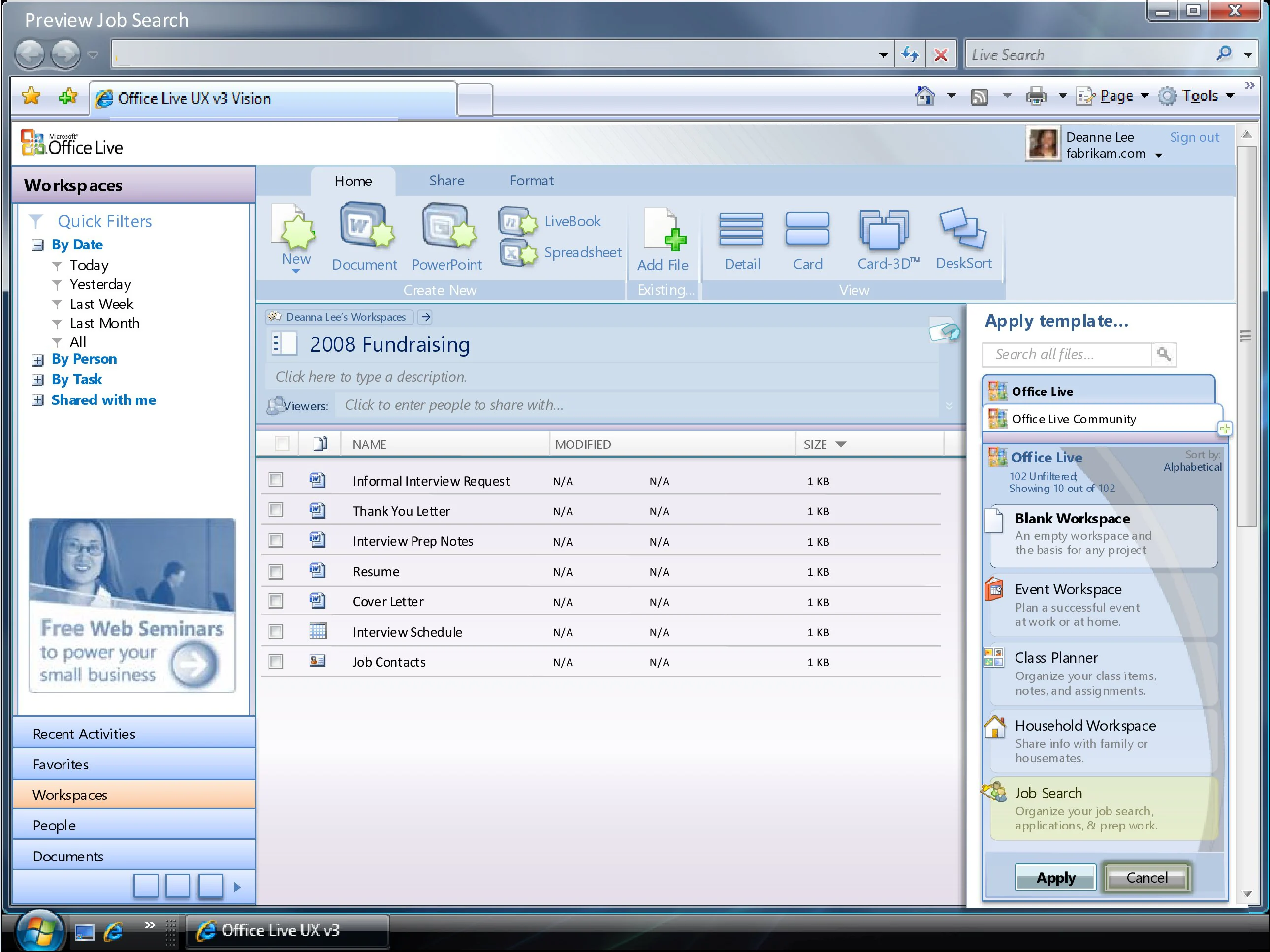 Office Live Workspace project view with navigation beside a focused project pane.