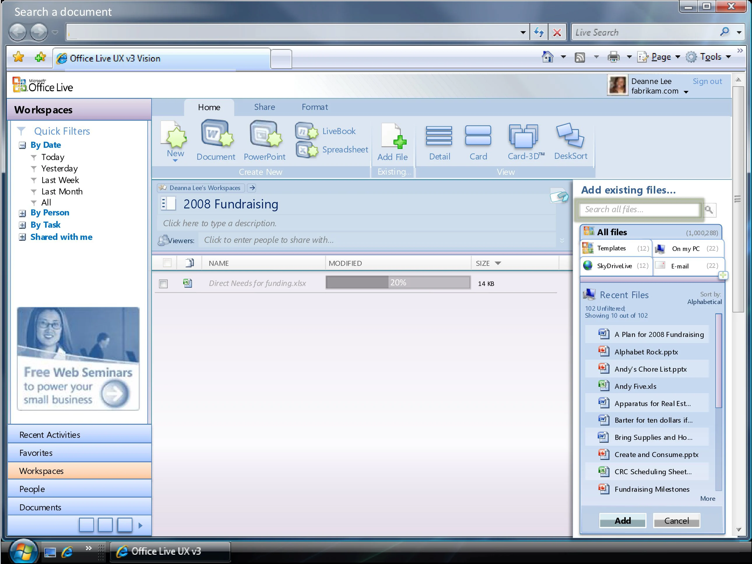 Office Live Workspace with a central content canvas and surrounding navigation.
