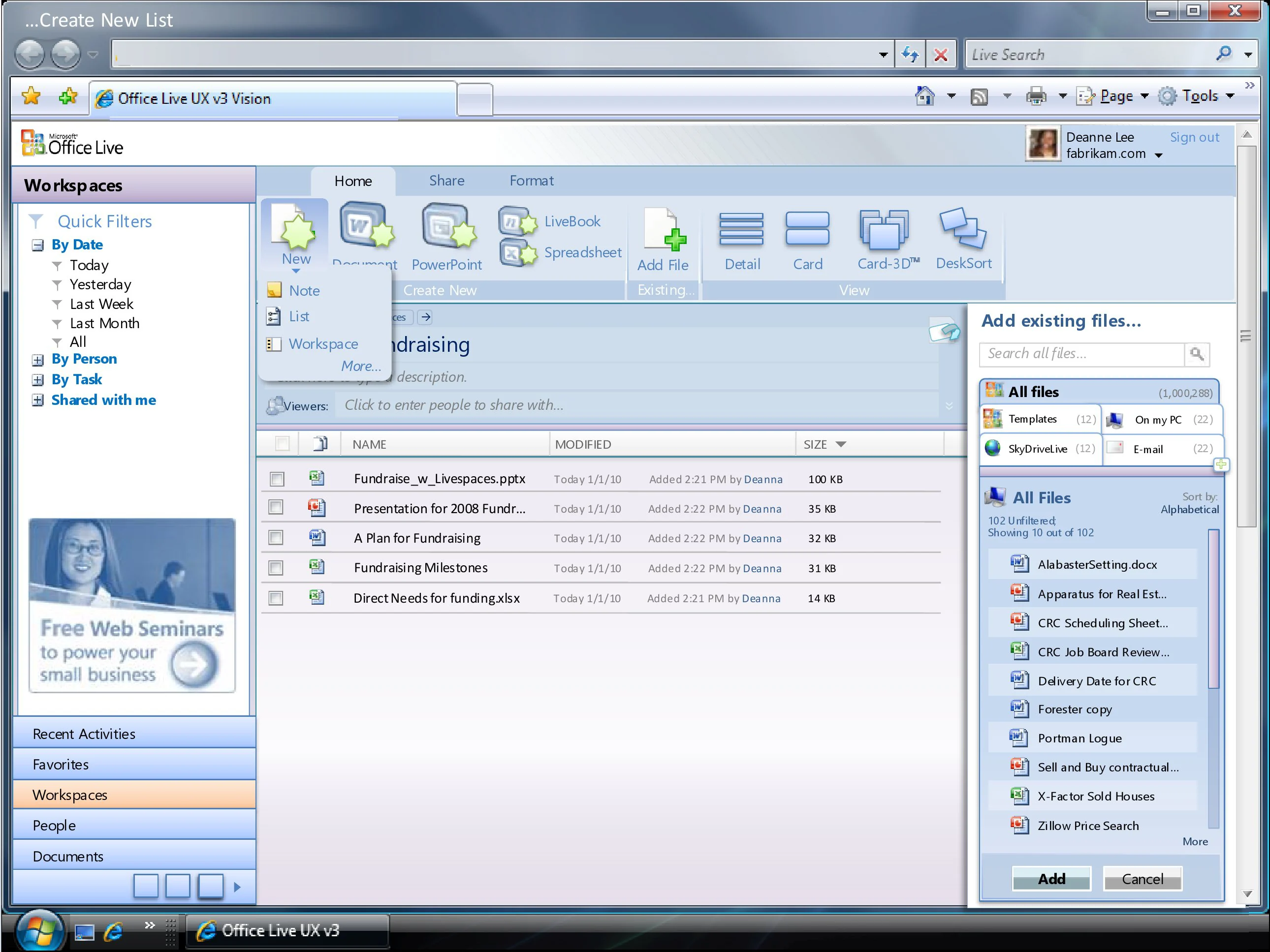 Office Live Workspace showing a central list of project items.