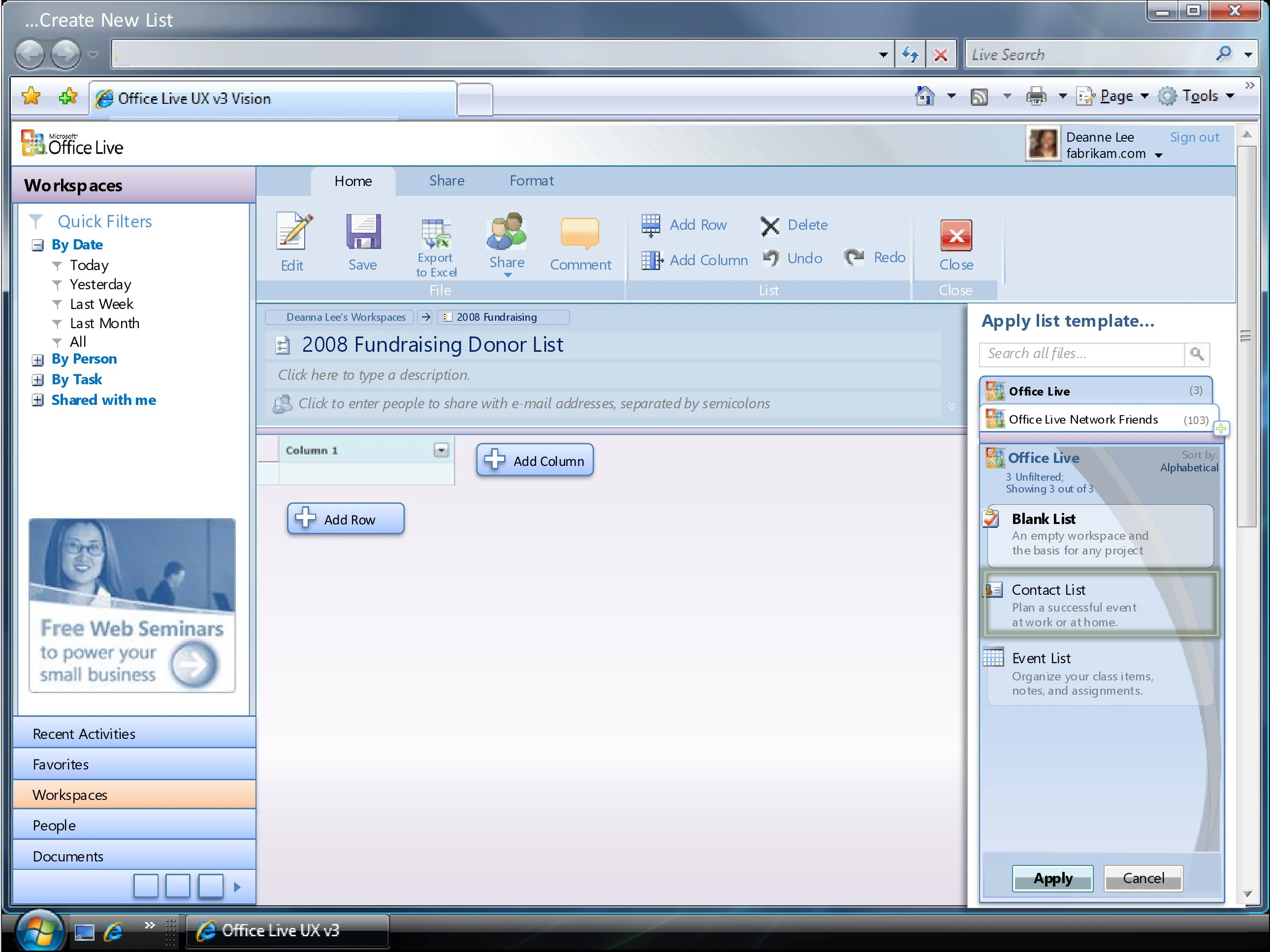 Office Live Workspace showing project actions beside central project content.