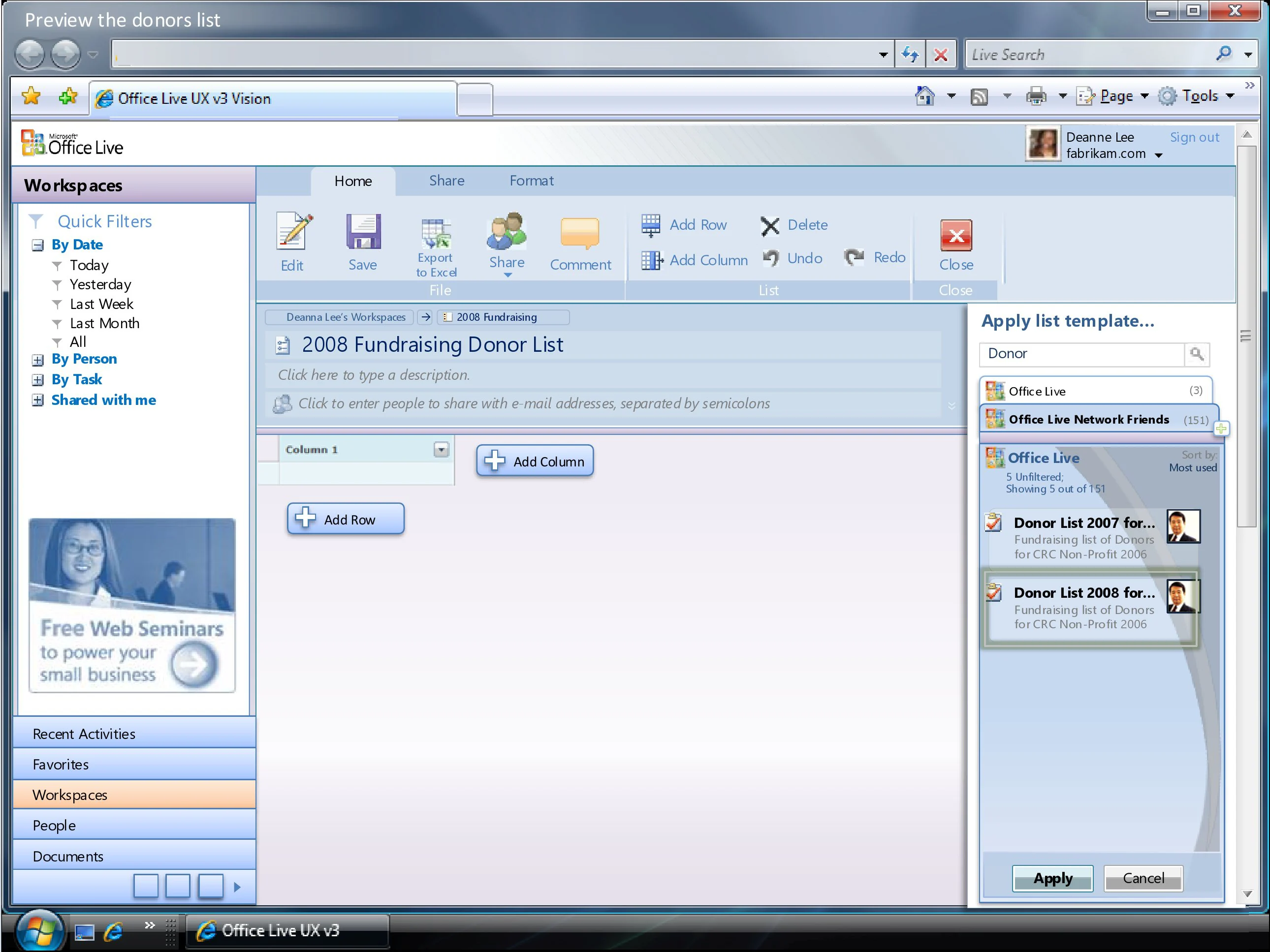 Office Live Workspace project list with adjacent people and activity panels.