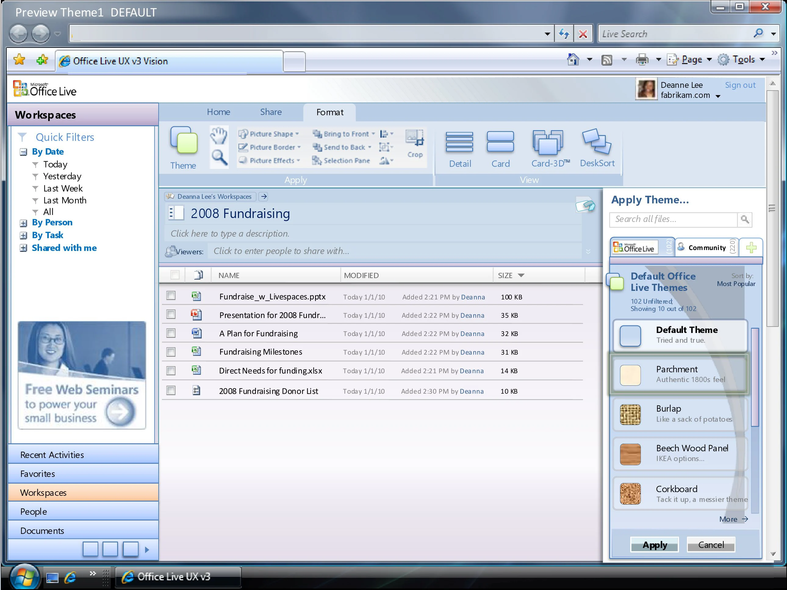 Office Live Workspace showing commands around central project content.