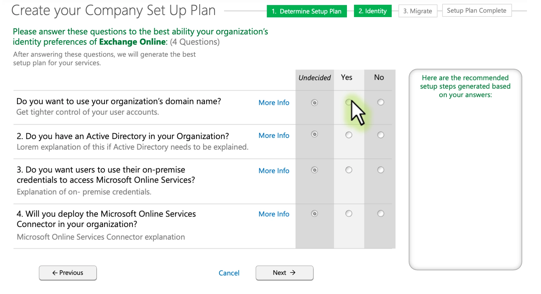 Office 365 setup concept showing identity preference choices.