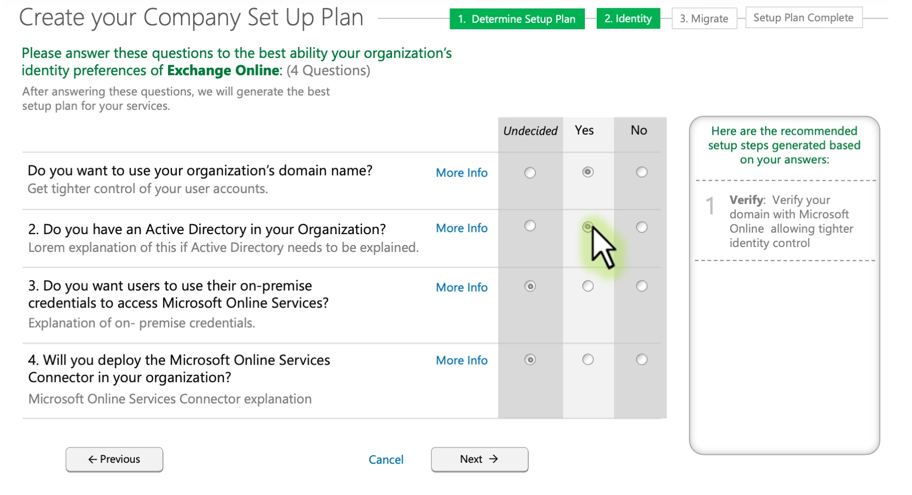 Office 365 setup concept showing progressive recommendations responding to organization choices.