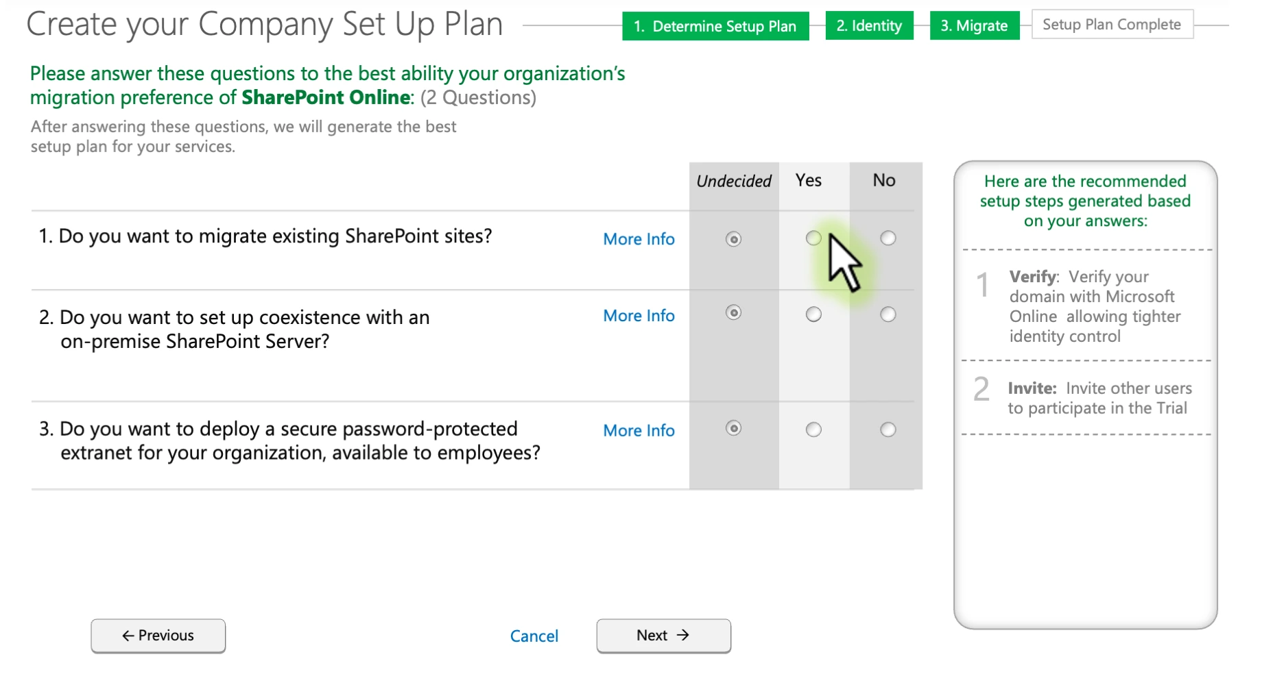 Office 365 setup concept showing migration preference choices.
