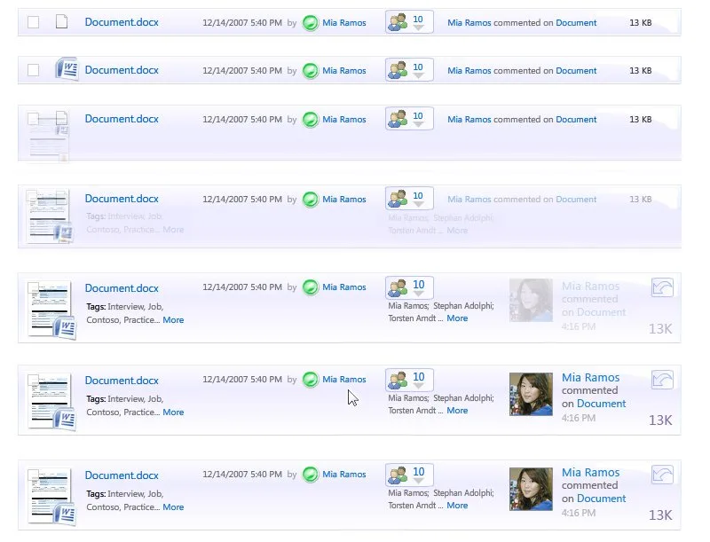 Office Live card exploration comparing several project-item states.