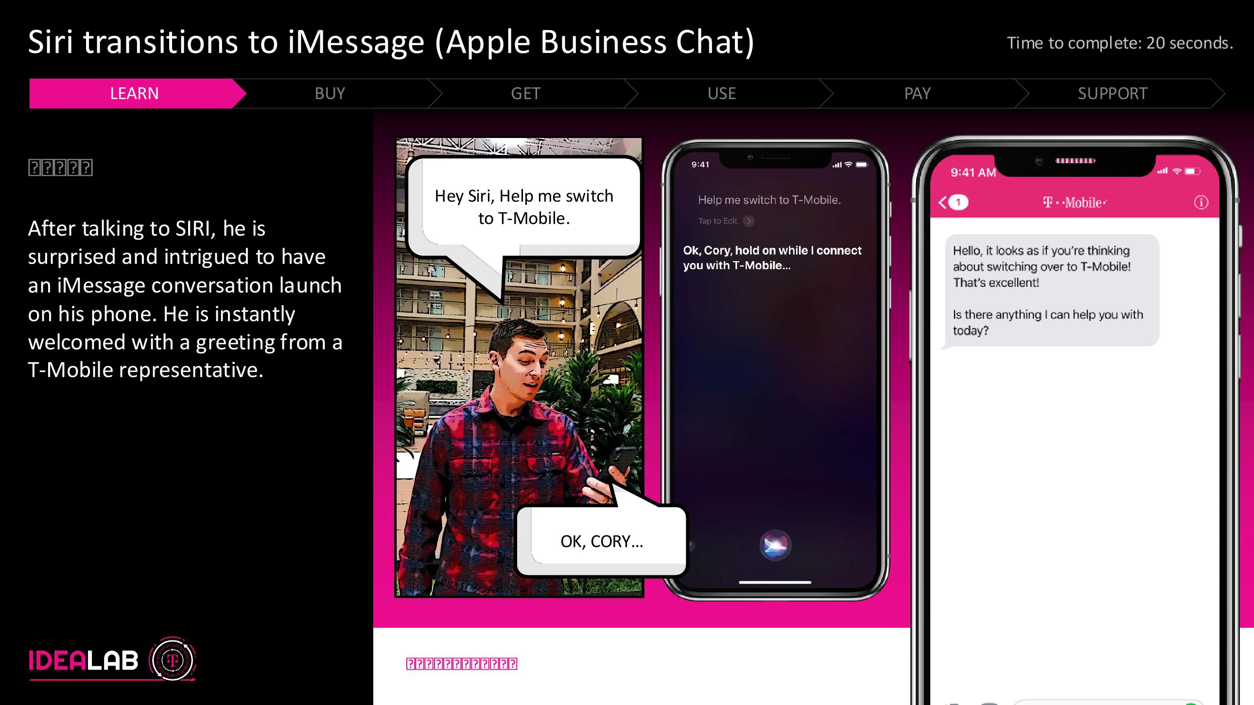 SAMSE storyboard: Siri-assisted entry transitions into an Apple Business Chat conversation. 03